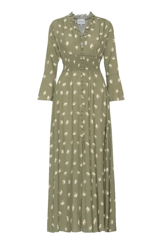 Sally Long Dress Army W/Elephants sold by Americandreams