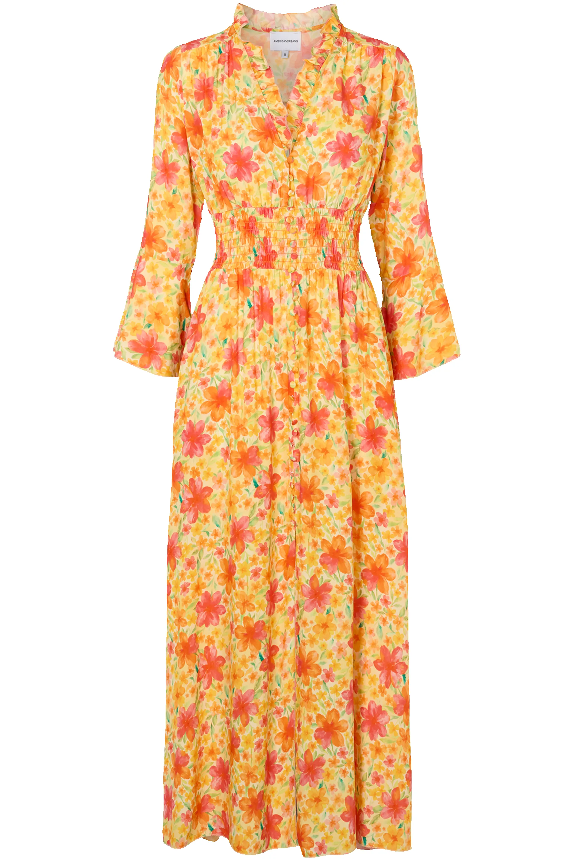 Sally Long Dress Yellow Red Exotic Flower sold by Americandreams
