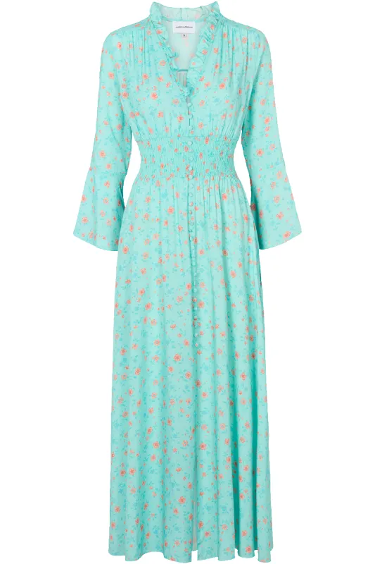 Sally Long Dress Turquoise Pink Flower sold by Americandreams