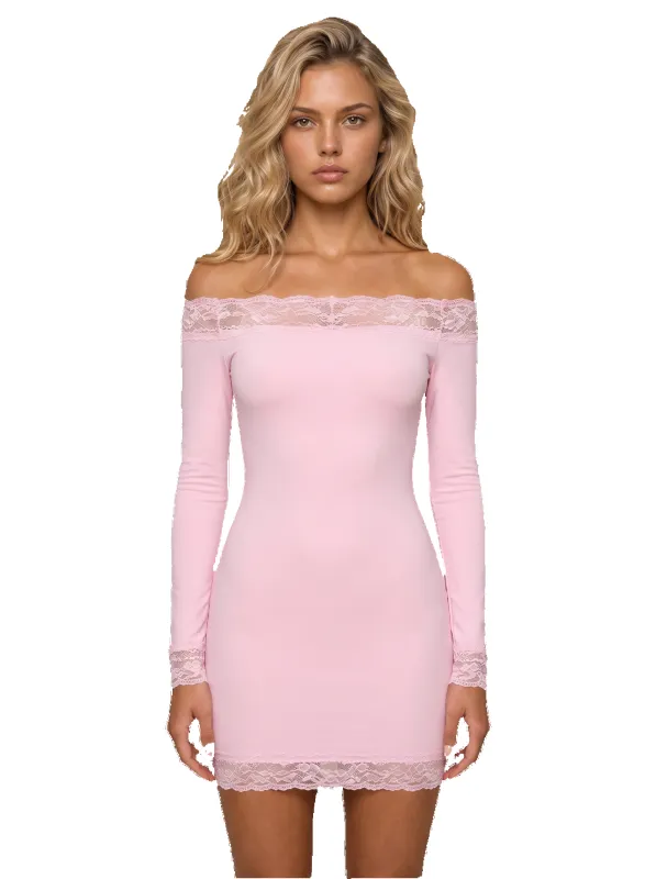 Off Shoulder Pink Lace Dress Short made by Americandreams
