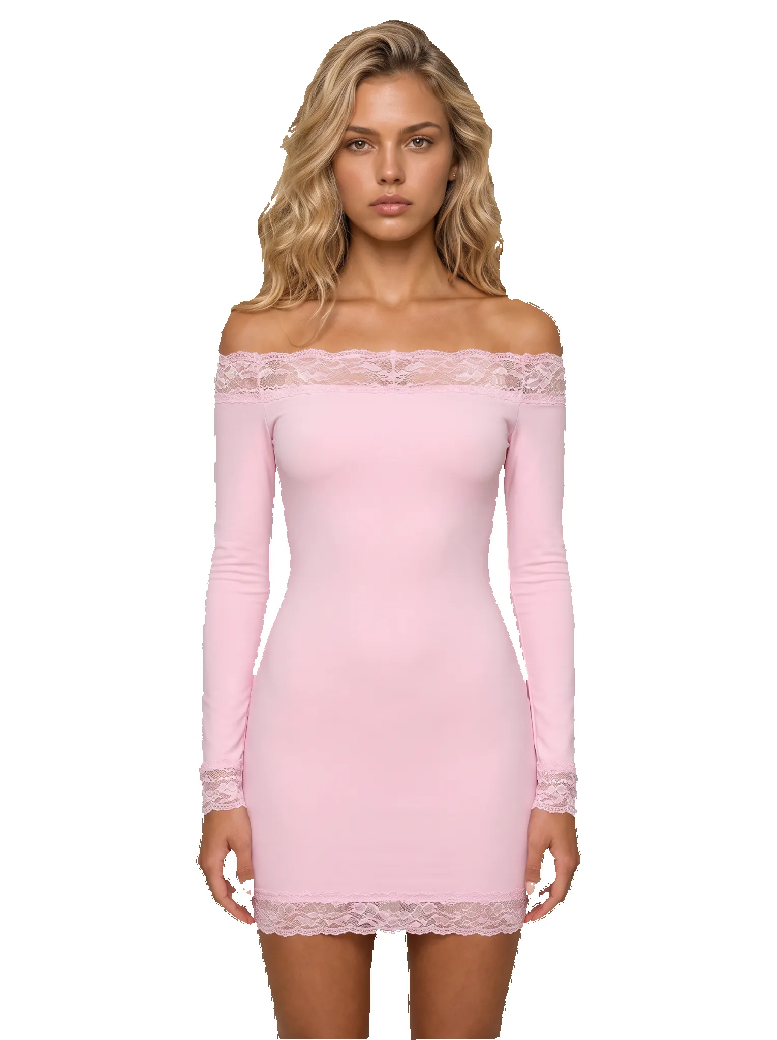 Off Shoulder Pink Lace Dress Short sold by Americandreams