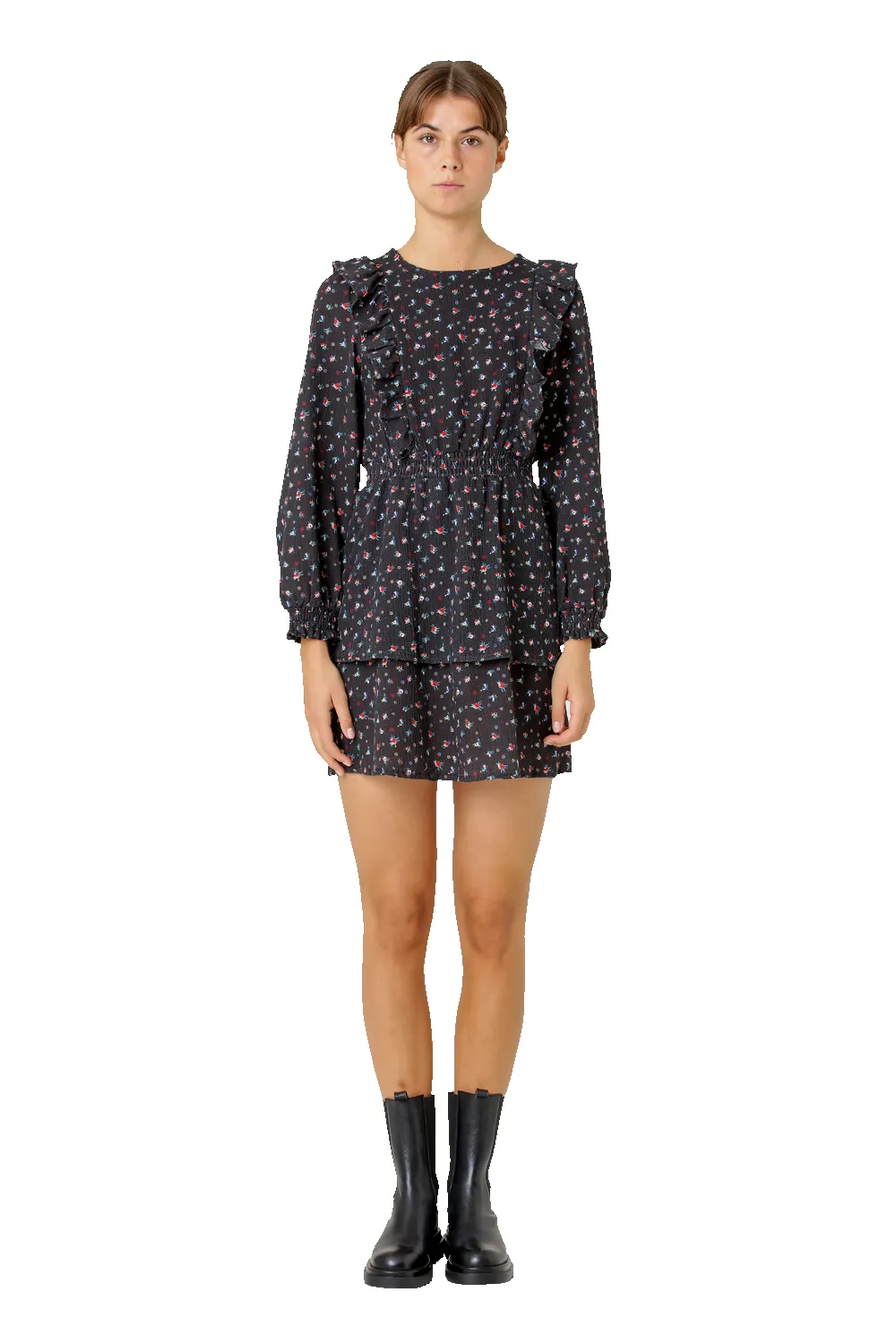 Patricia Long Sleeve Short Dress Black w/Mixed Flower sold by Americandreams product image thumbnail 2