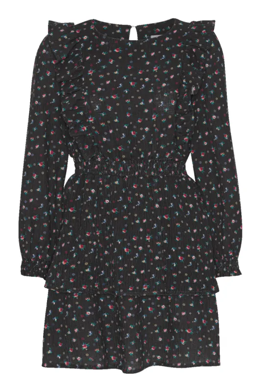 Patricia Long Sleeve Short Dress Black w/Mixed Flower made by Americandreams