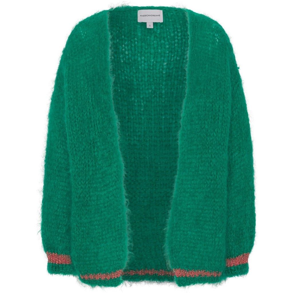 Olivia Mohair Cardigan - Jade Green W/Coral Red Lurex sold by American Dream