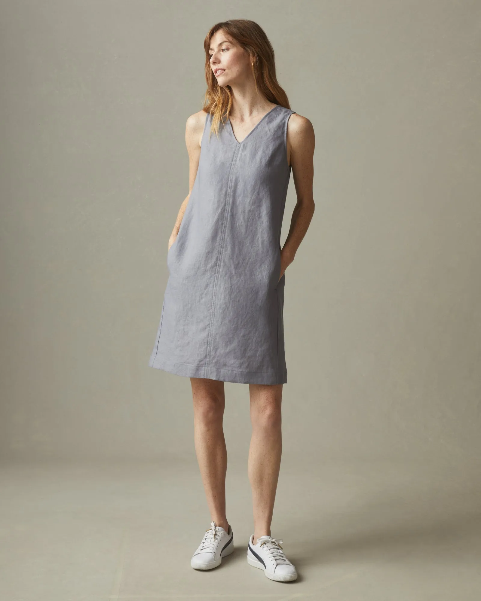 Women's Linen V-Neck A-Line Dress - Grey Lavender sold by American Giant