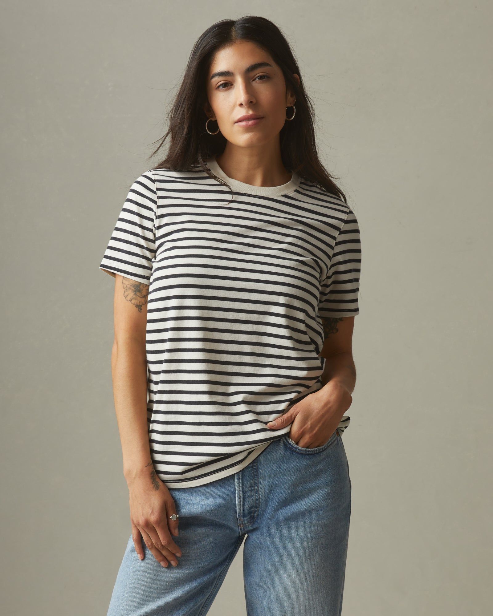 Women's Striped Classic Cotton Crew - Turtledove/Dark Navy sold by American Giant