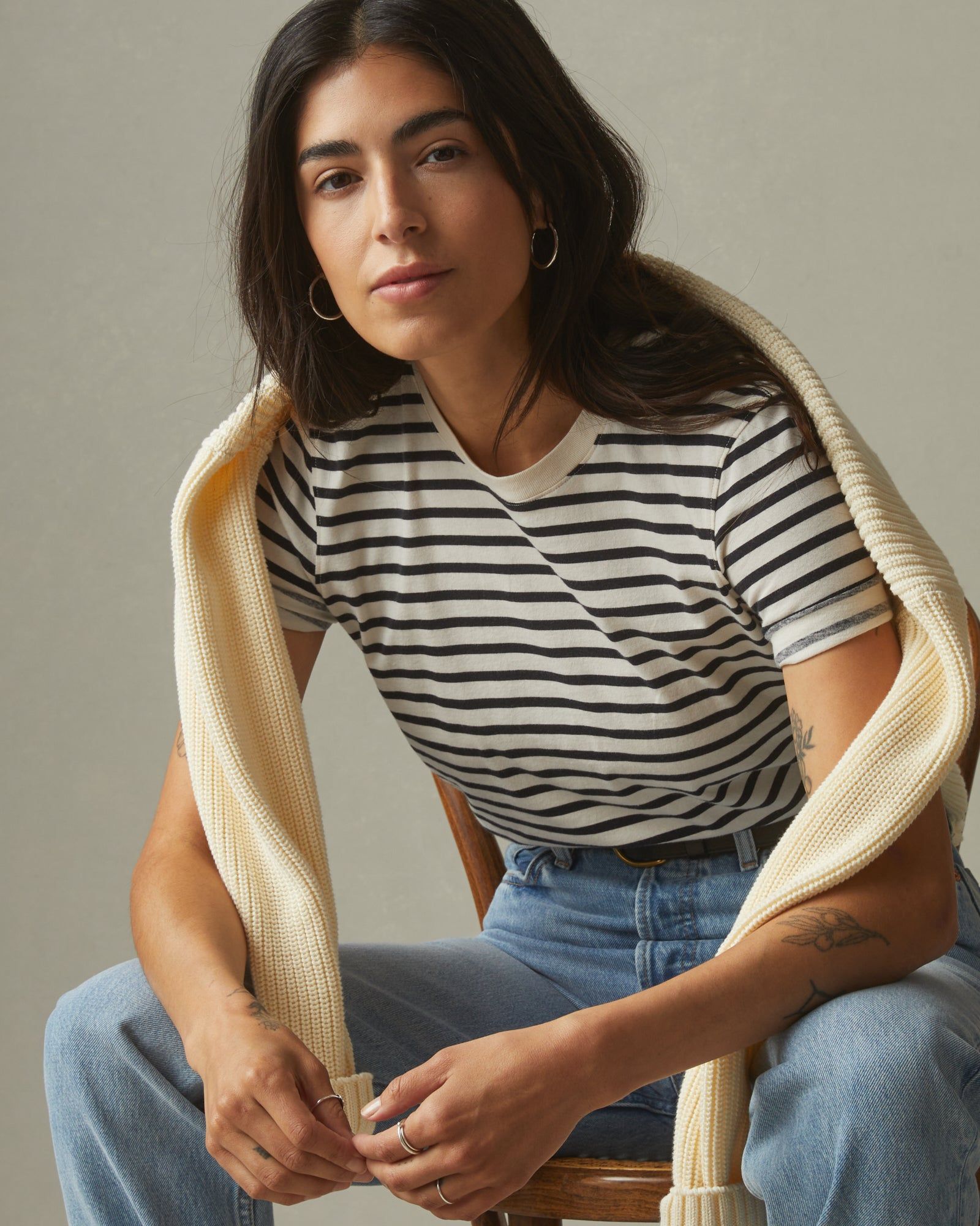 Women's Striped Classic Cotton Crew - Turtledove/Dark Navy sold by American Giant product image thumbnail 5
