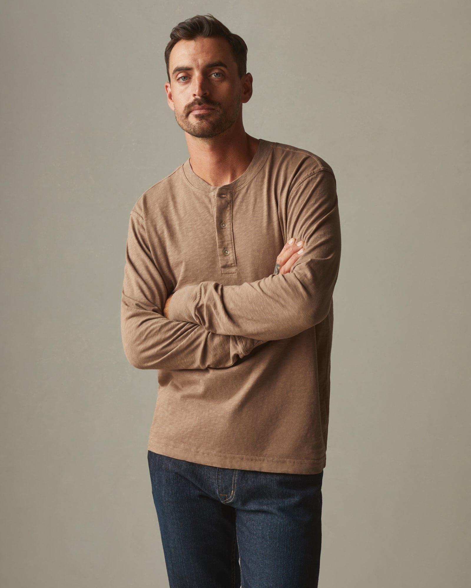 Men's Premium Slub Long Sleeve Henley - Pine Bark sold by American Giant