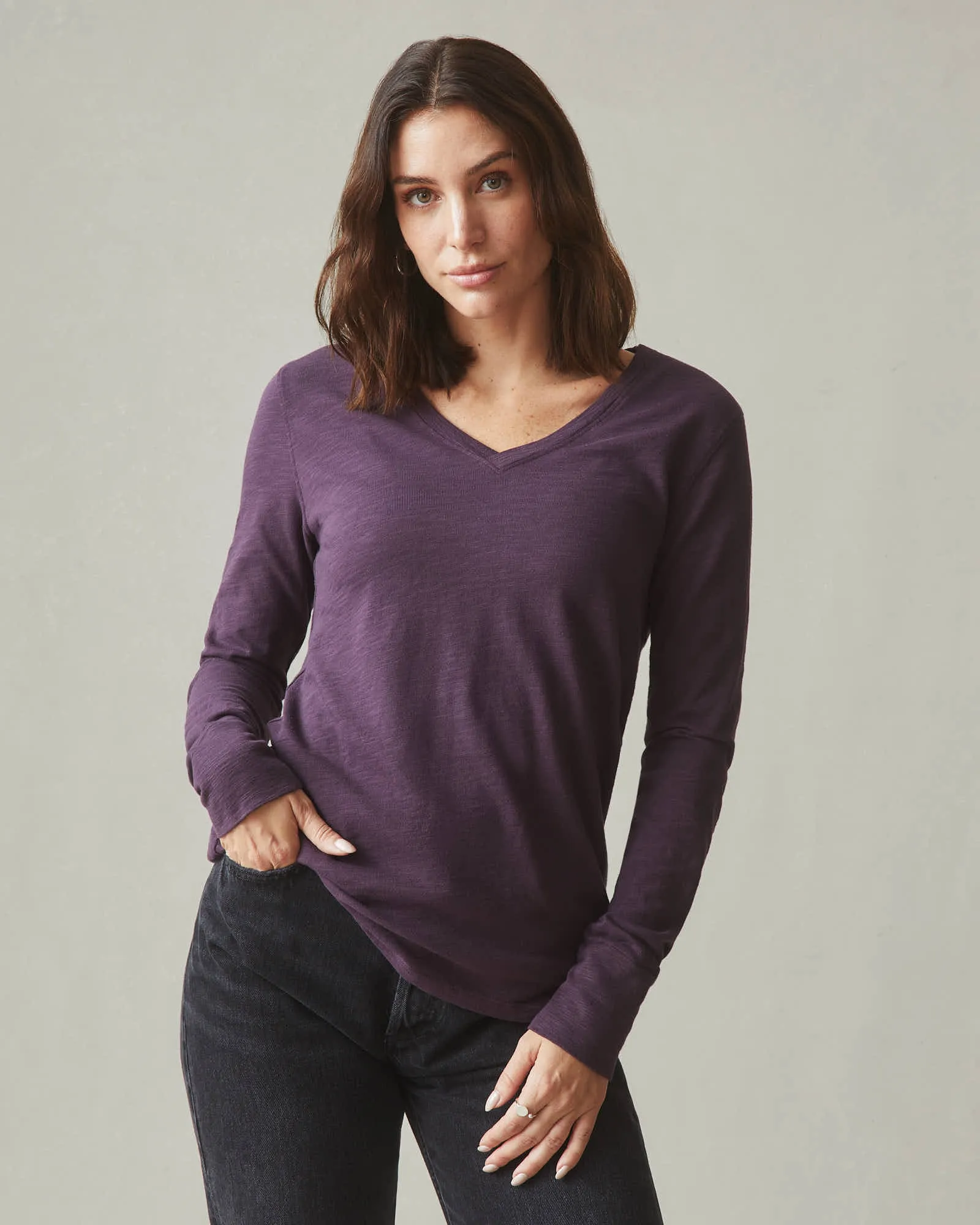 Women's Premium Slub V-Neck Long Sleeve Tee - Grapeseed sold by American Giant