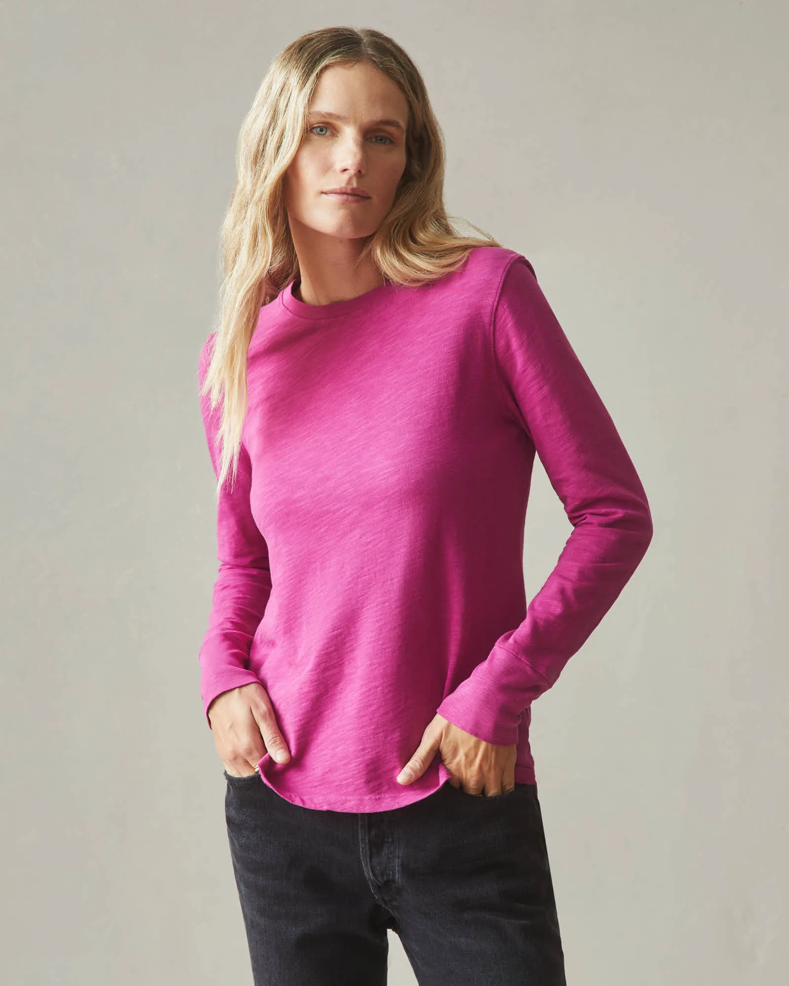 Premium Slub Crew Tee Long Sleeve - Festive Fuchsia sold by American Giant