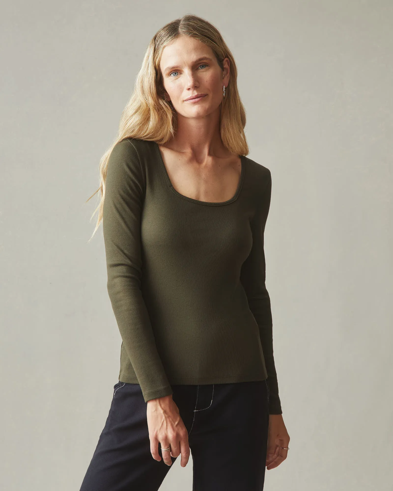 Women's Luxe Rib Square Neck Long Sleeve - Deep Olive sold by American Giant