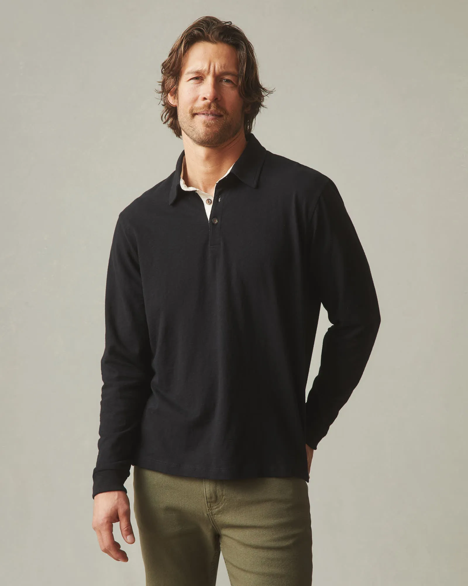 Men's Premium Slub Long Sleeve Polo - Black sold by American Giant