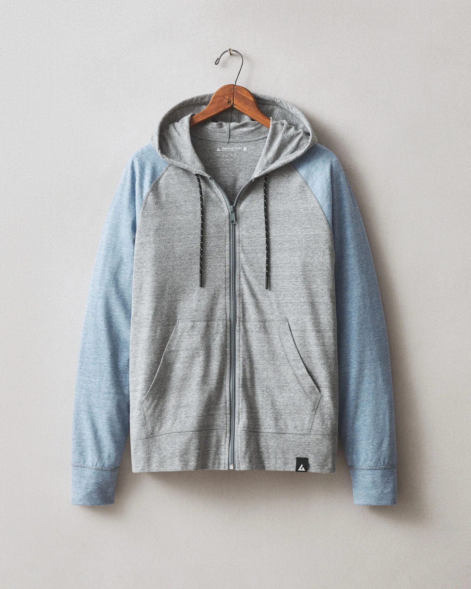 Men's Colorblock Lightweight Full Zip - Blue Jay Dark Charcoal Heather sold by American Giant