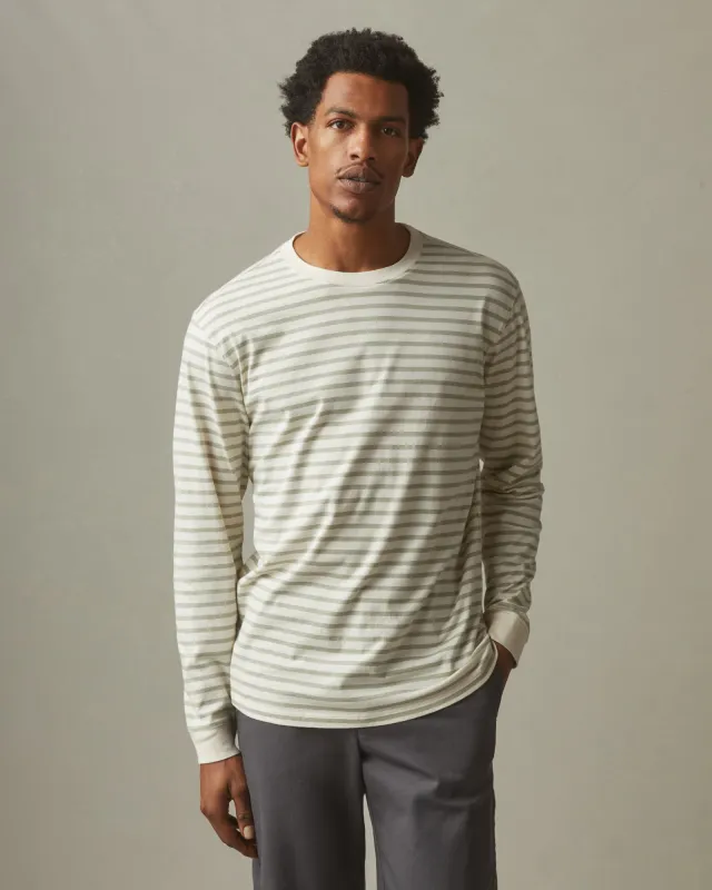 Men's Striped Classic Crew Tee Long Sleeve - Turtledove/Eucalyptus sold by American Giant