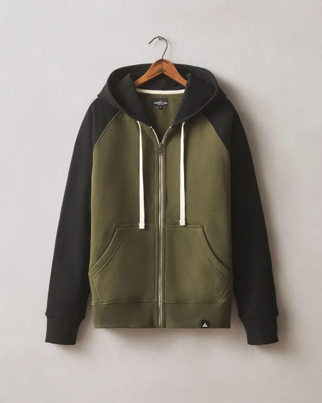 Men's Raglan Colorblock Midweight Full Zip - Deep Olive Black sold by American Giant