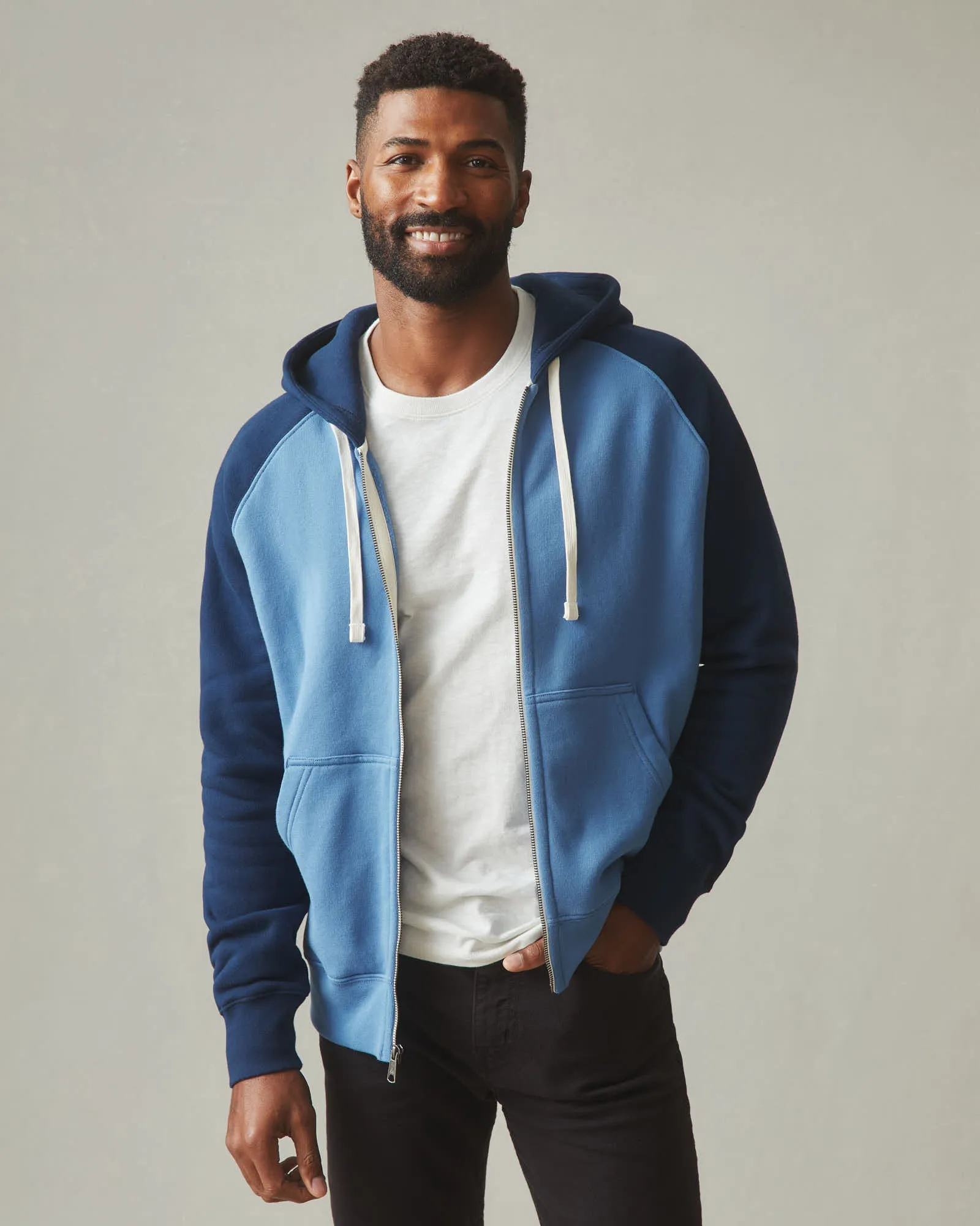 Men's Raglan Colorblock Midweight Full Zip - Riverside Varsity Blue sold by American Giant