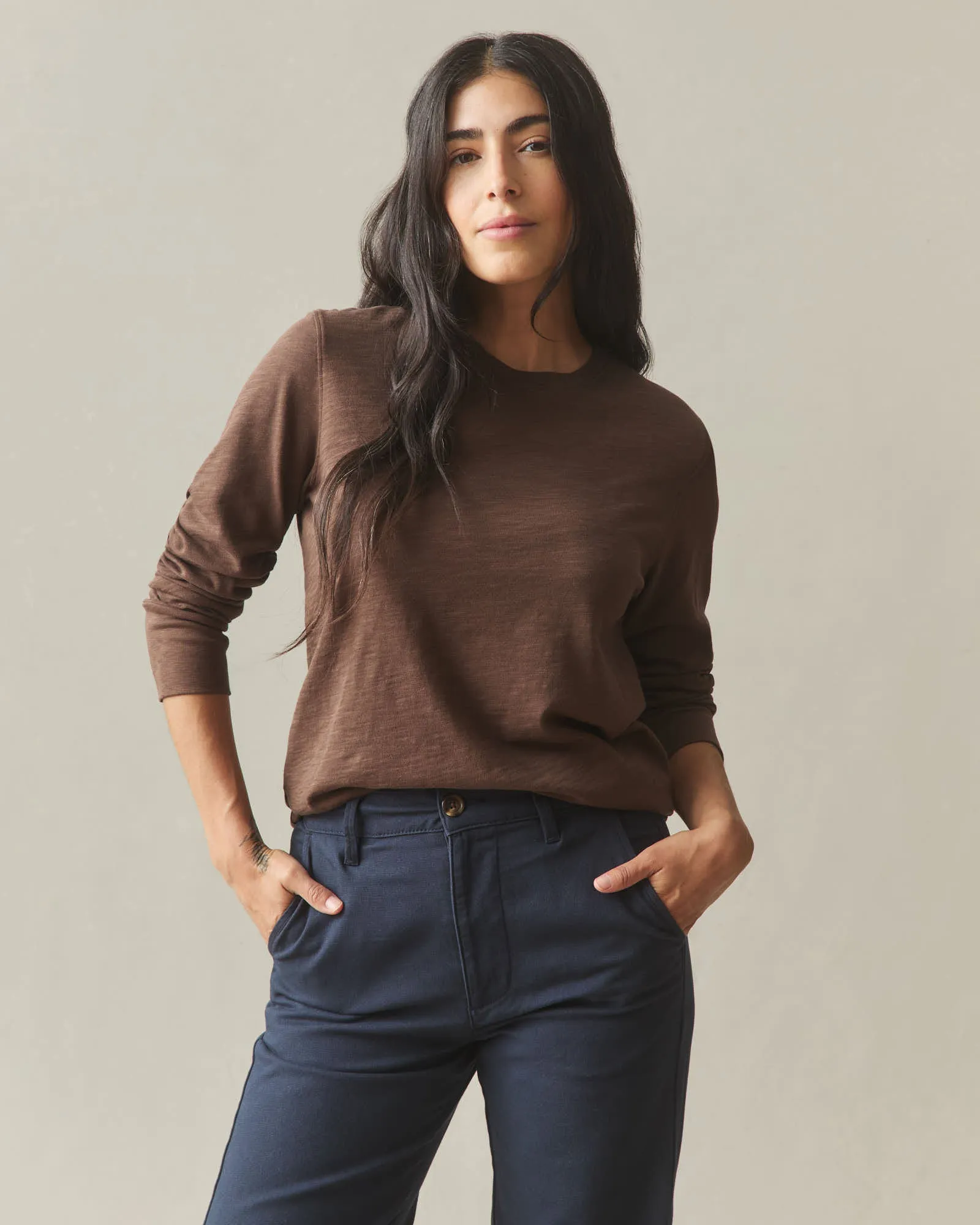 Women's Premium Slub Long Sleeve Crew Tee - Chestnut sold by American Giant