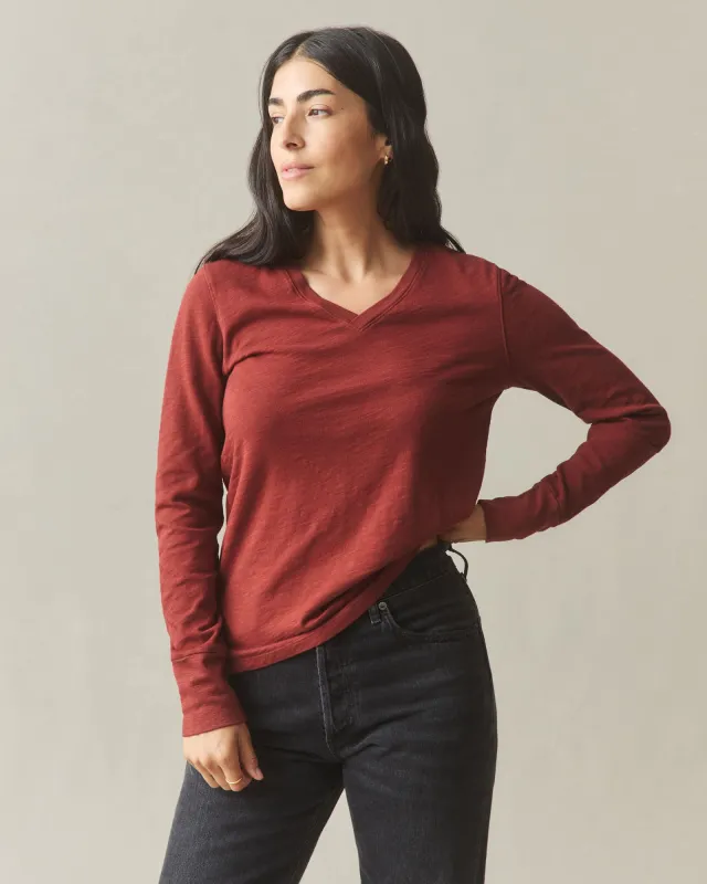 Women's Premium Slub Long Sleeve V-Neck Tee - Russet Brown sold by American Giant