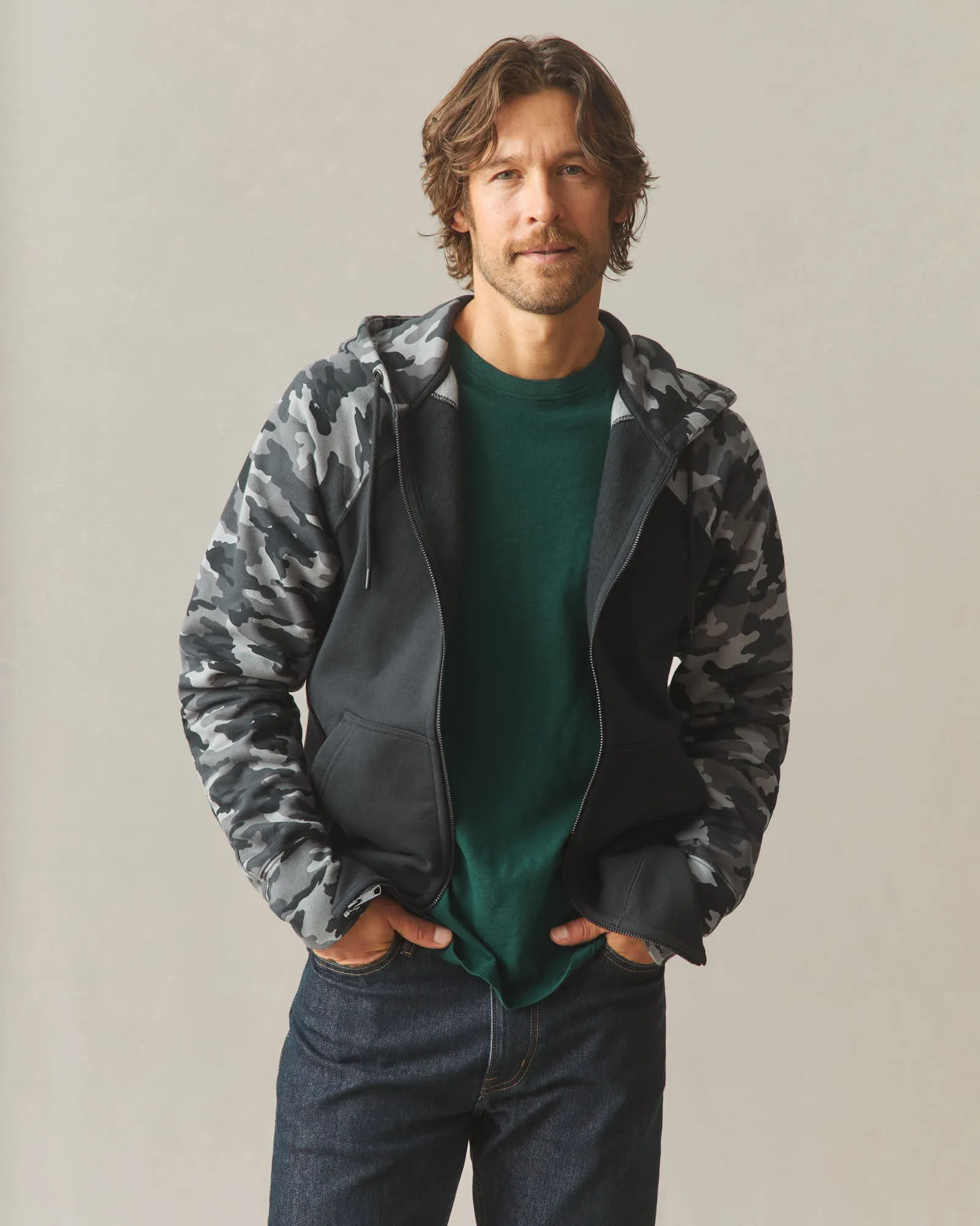 Men's Raglan Classic Full Zip - Black Camo sold by American Giant