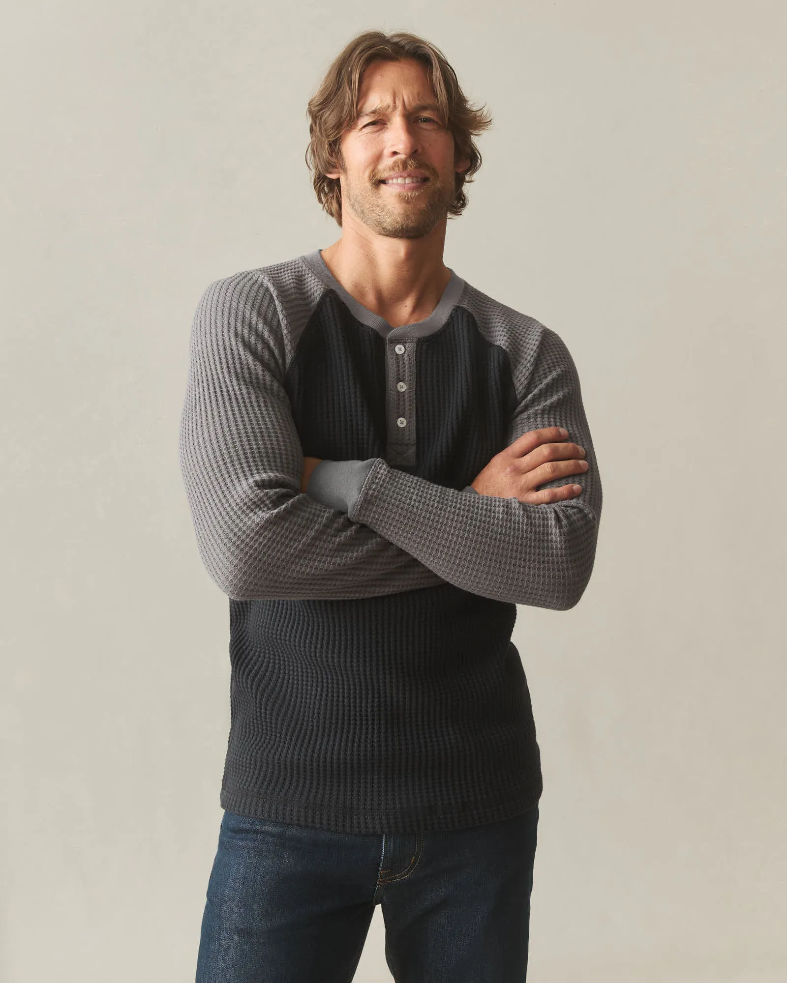 Men's Colorblock Waffle Long Sleeve Henley - Black Thunderstorm sold by American Giant product image thumbnail 2