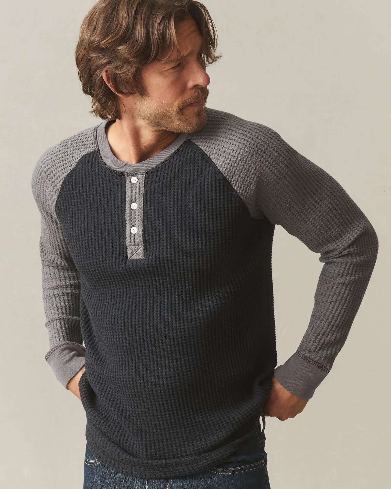 Men's Colorblock Waffle Long Sleeve Henley - Black Thunderstorm sold by American Giant product image thumbnail 3