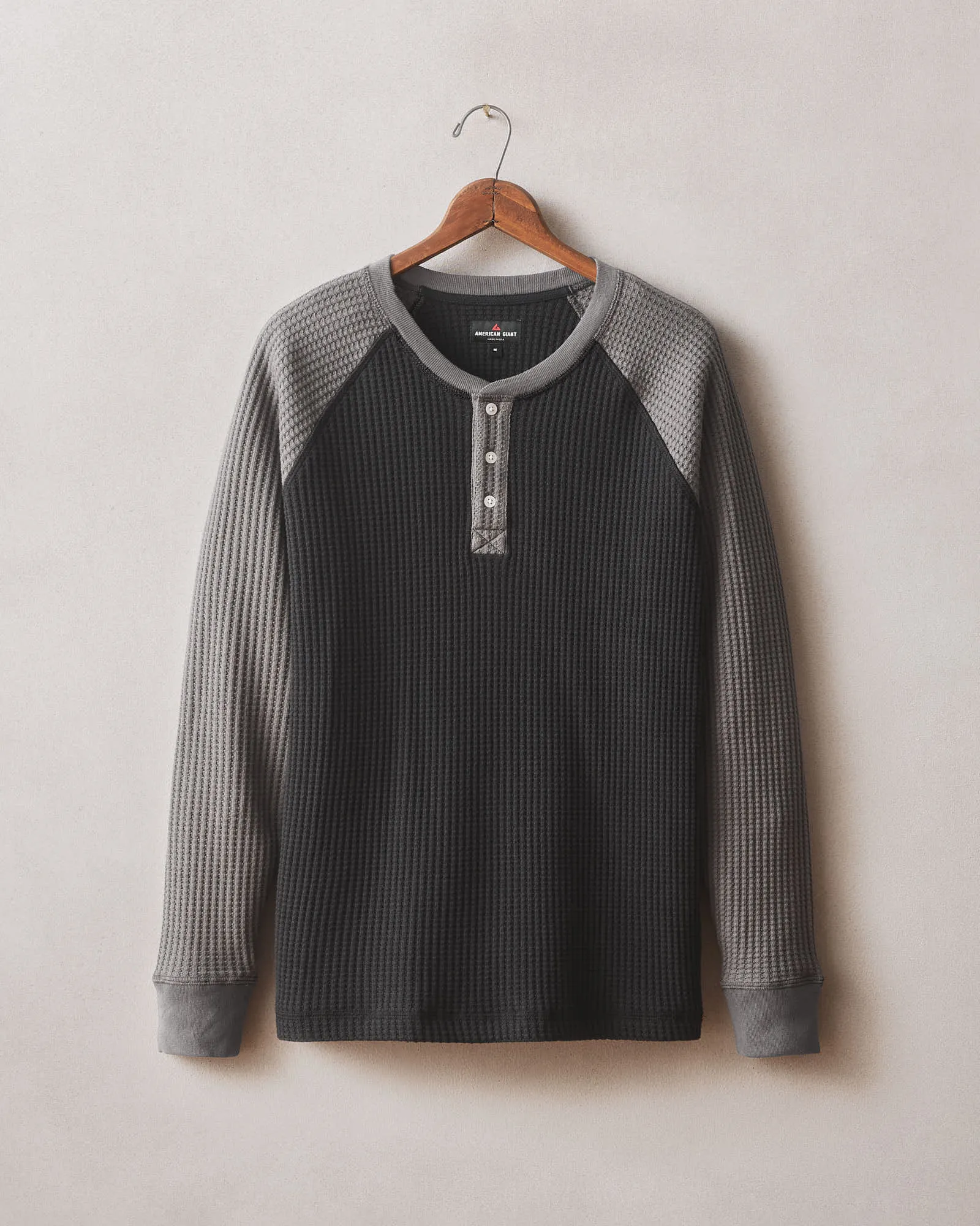 Men's Colorblock Waffle Long Sleeve Henley - Black Thunderstorm sold by American Giant