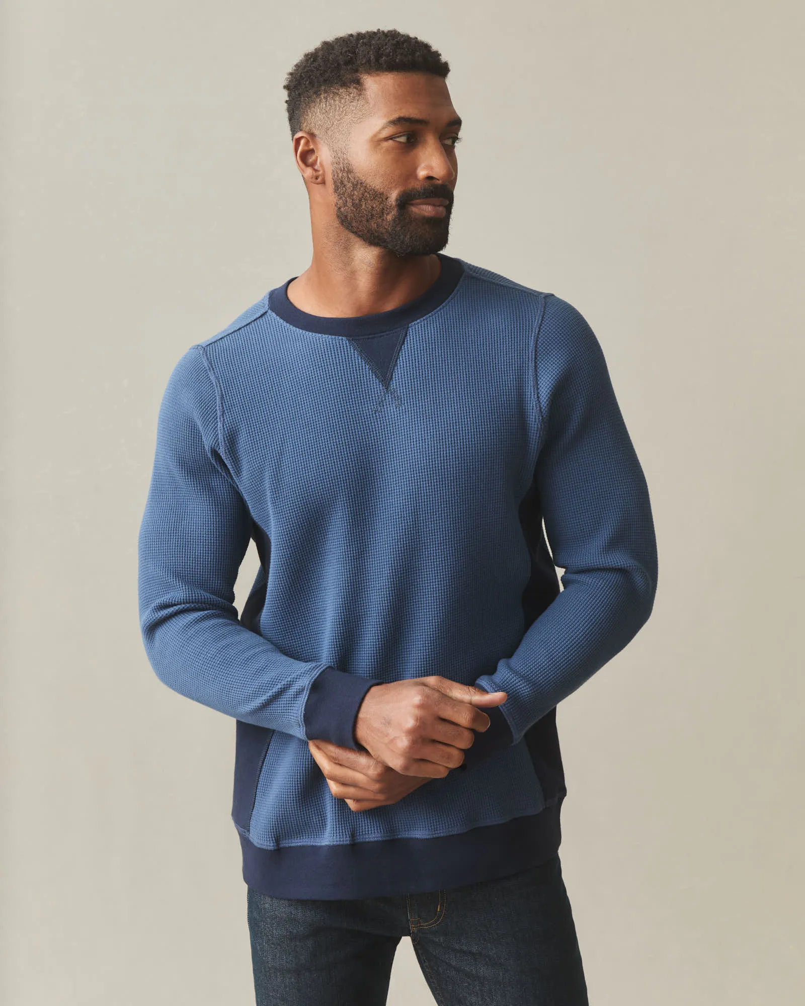 Men's Colorblock Summit Waffle Long Sleeve Crew - Marine Navy Oxford Blue sold by American Giant product image thumbnail 2