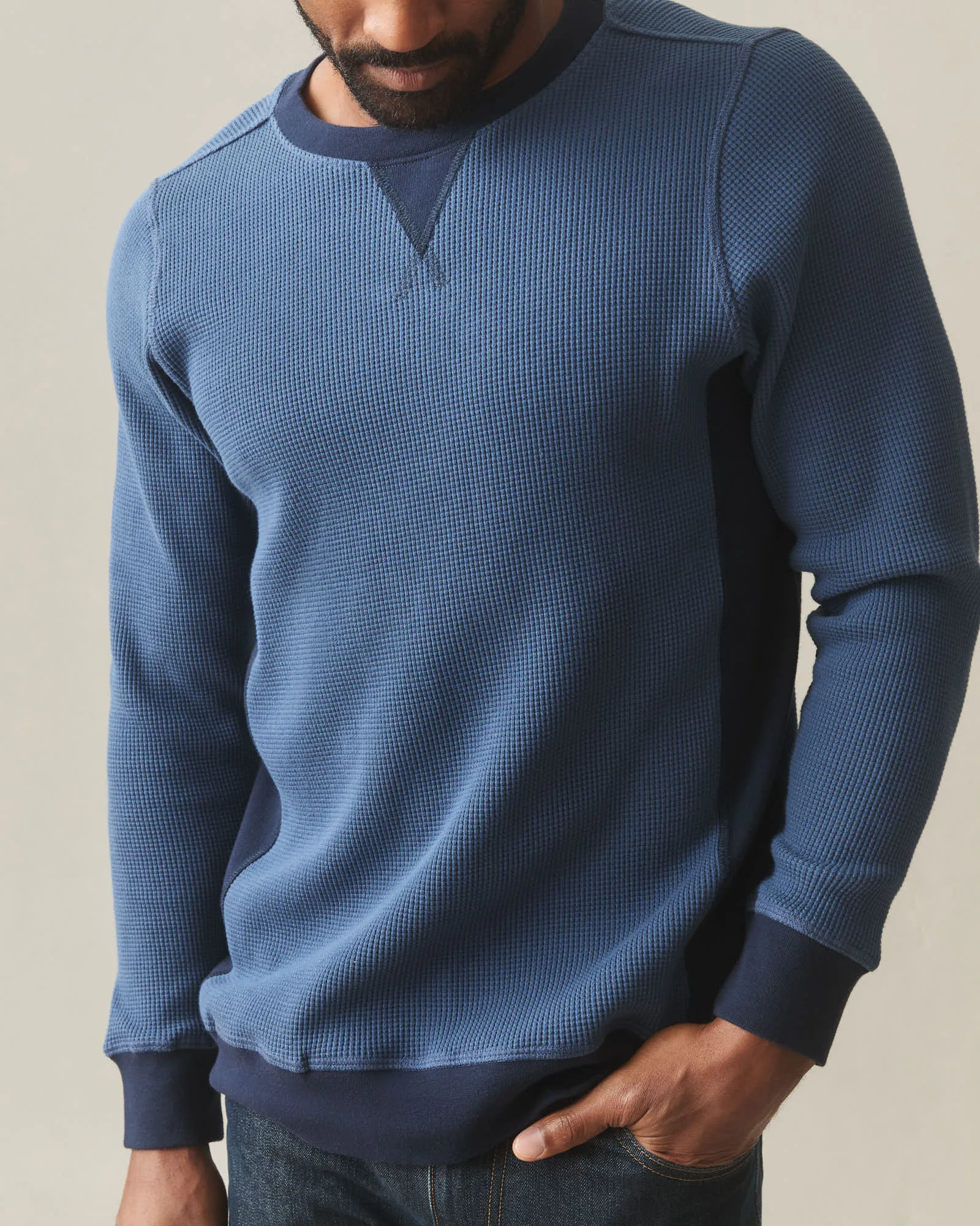 Men's Colorblock Summit Waffle Long Sleeve Crew - Marine Navy Oxford Blue sold by American Giant product image thumbnail 3
