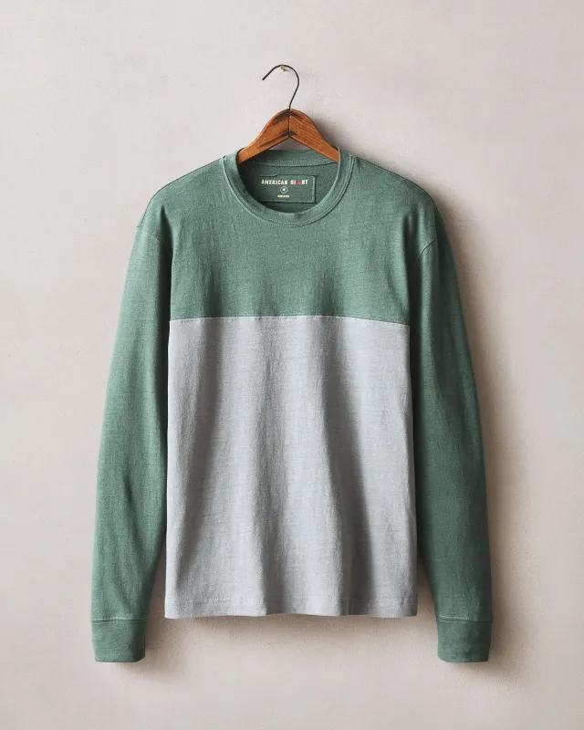Men's Hemp Colorblock Long Sleeve Tee - Dark Forest Monument sold by American Giant