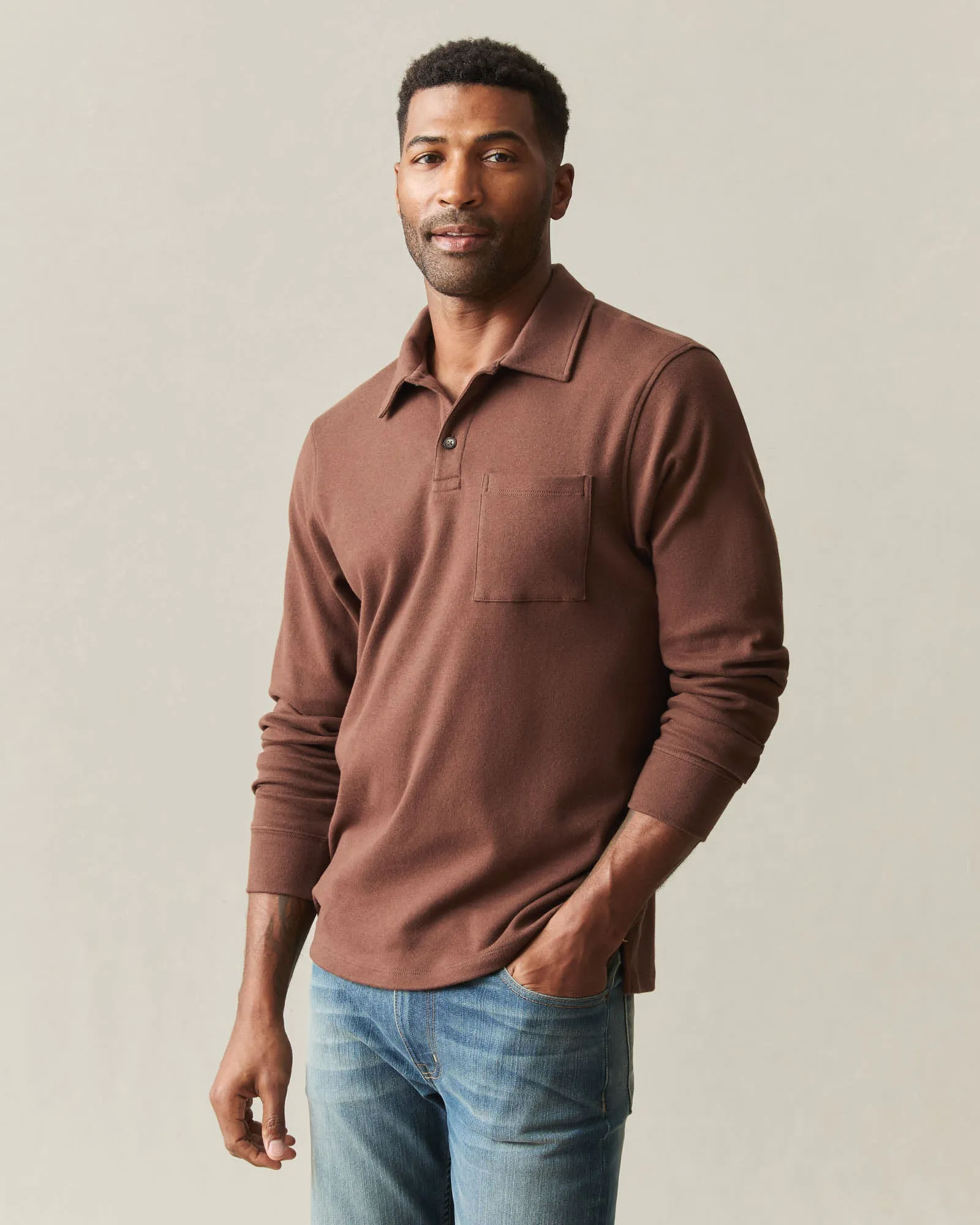 Men's Brushed Long Sleeve Polo - Tiramisu Heather sold by American Giant product image thumbnail 2