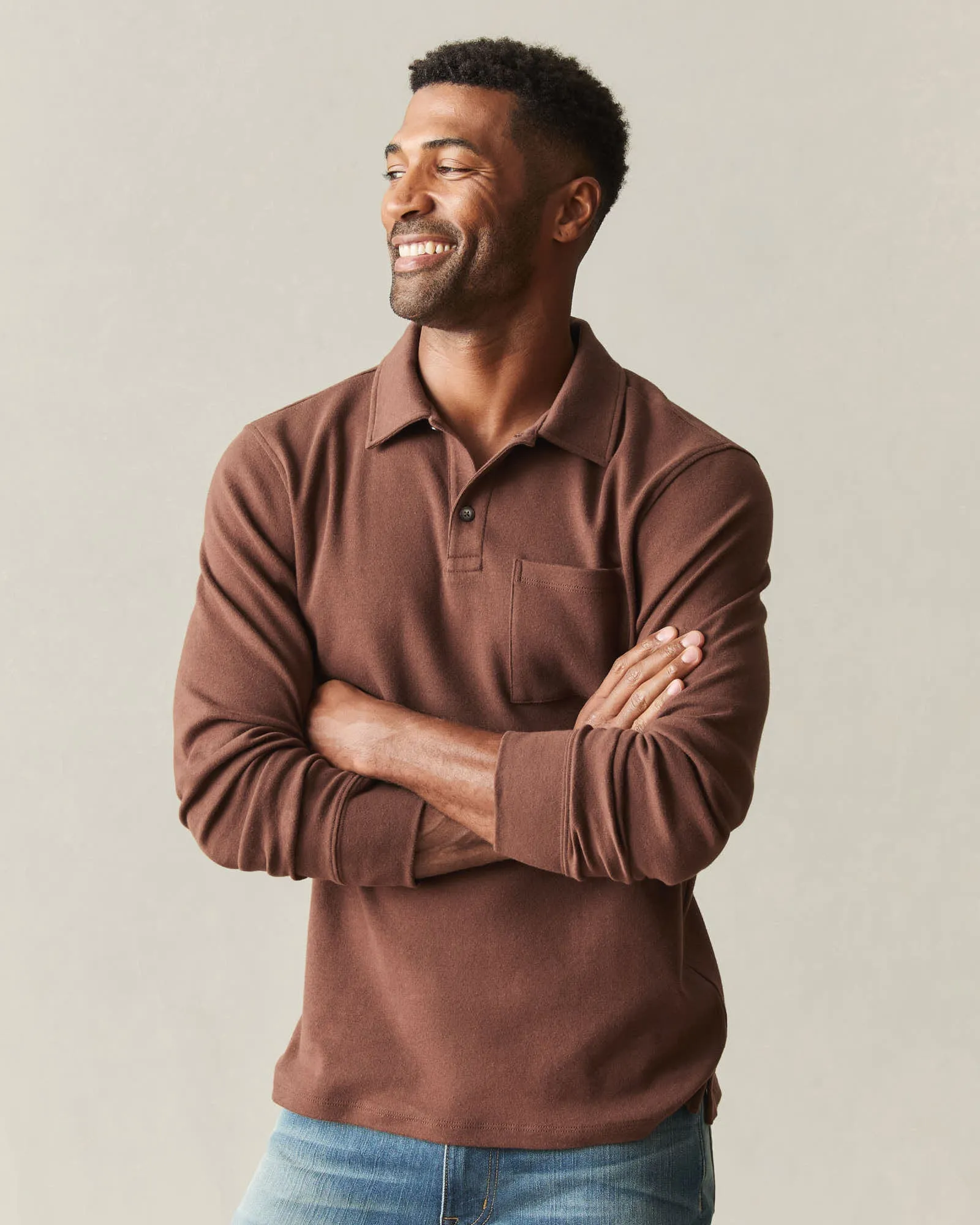 Men's Brushed Long Sleeve Polo - Tiramisu Heather sold by American Giant product image thumbnail 4