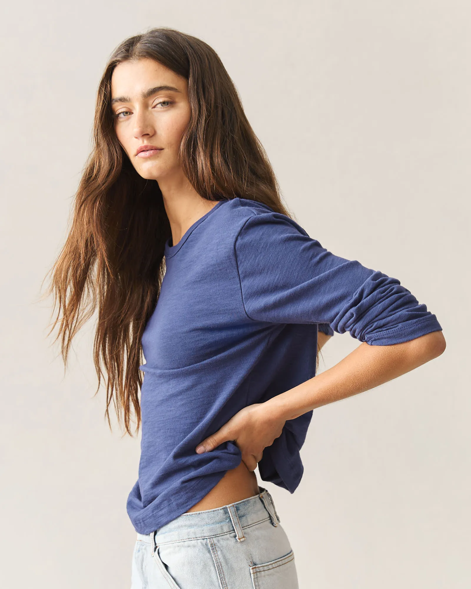 Women's Premium Slub Curved Hem Long Sleeve - Navy Blue sold by American Giant product image thumbnail 3