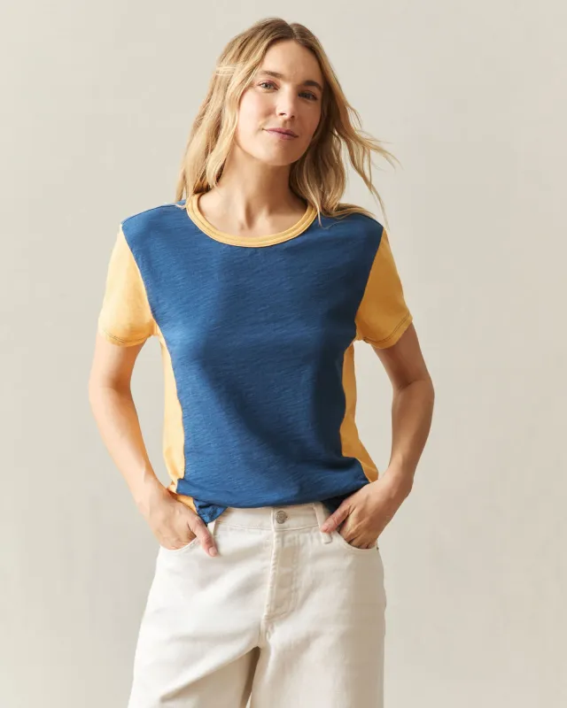 Women's Premium Slub Colorblock Crew Tee - Ensign Blue Golden Apricot made by American Giant