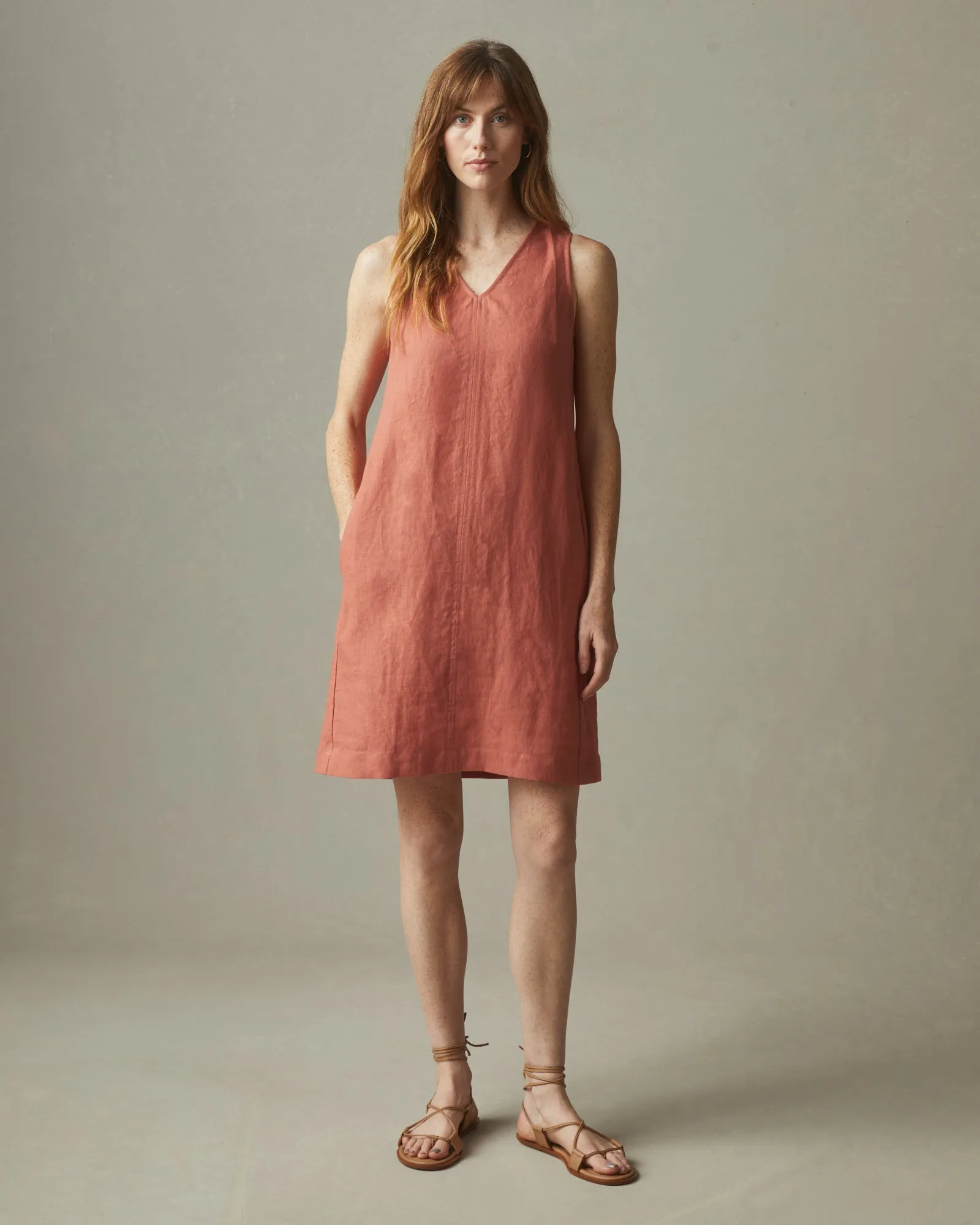 Women's Linen V-Neck A-Line Dress - Deep Apricot sold by American Giant