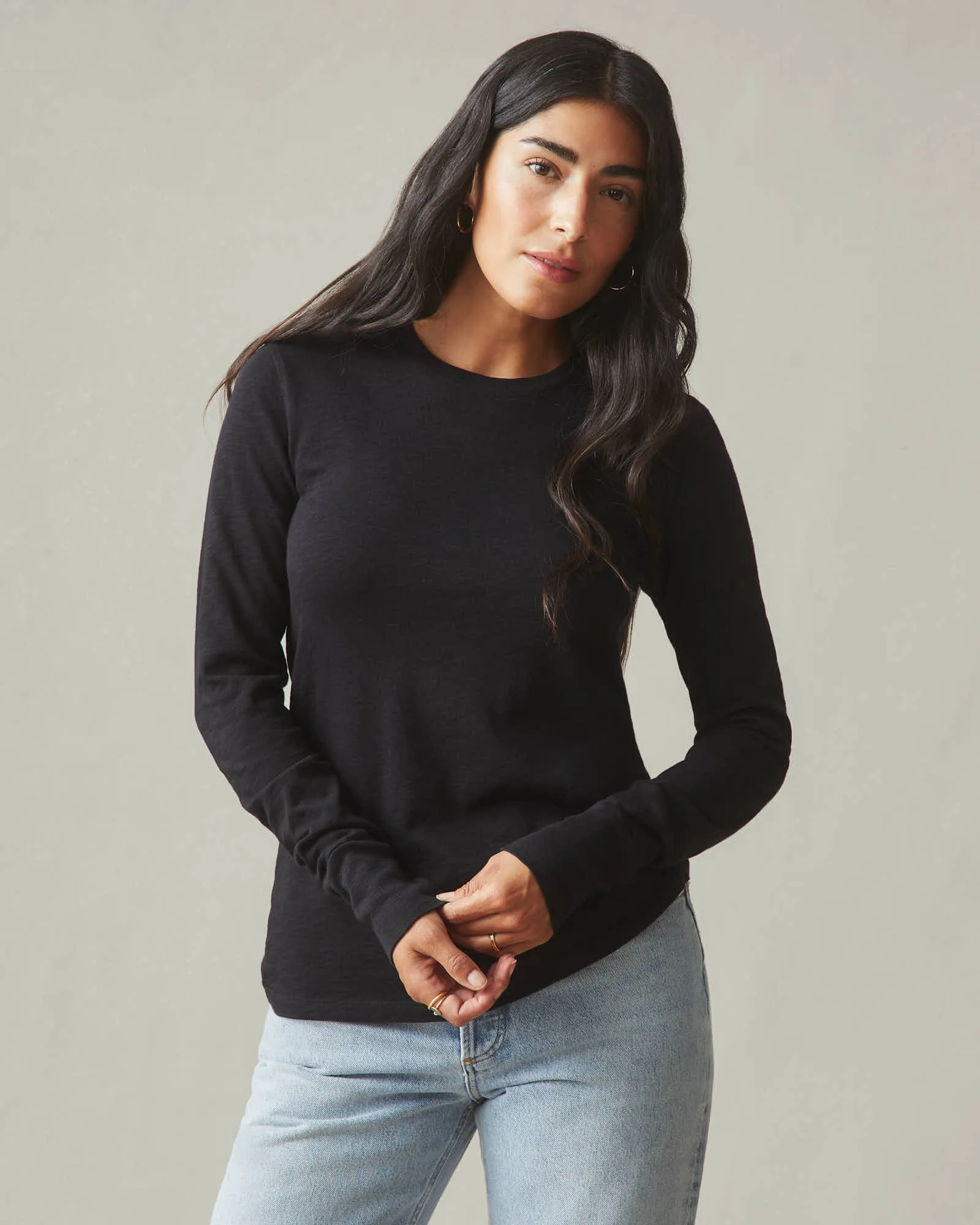Women's Premium Slub Long Sleeve Crew Tee - Black sold by American Giant