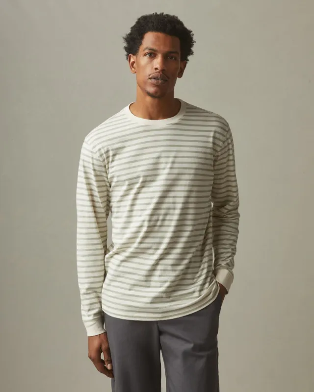Striped Classic Cotton Crew Tee Long Sleeve - Turtledove/Eucalyptus sold by American Giant