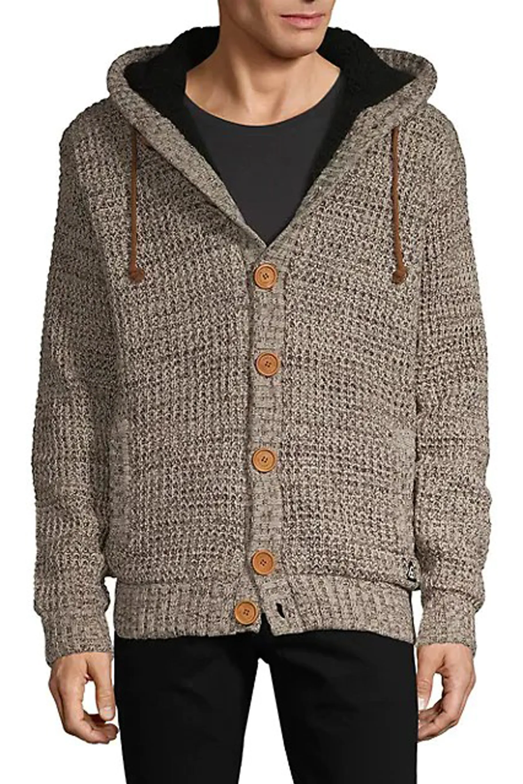 Brown Waffle-knit Button-front Hooded Cardigan sold by American Stitch