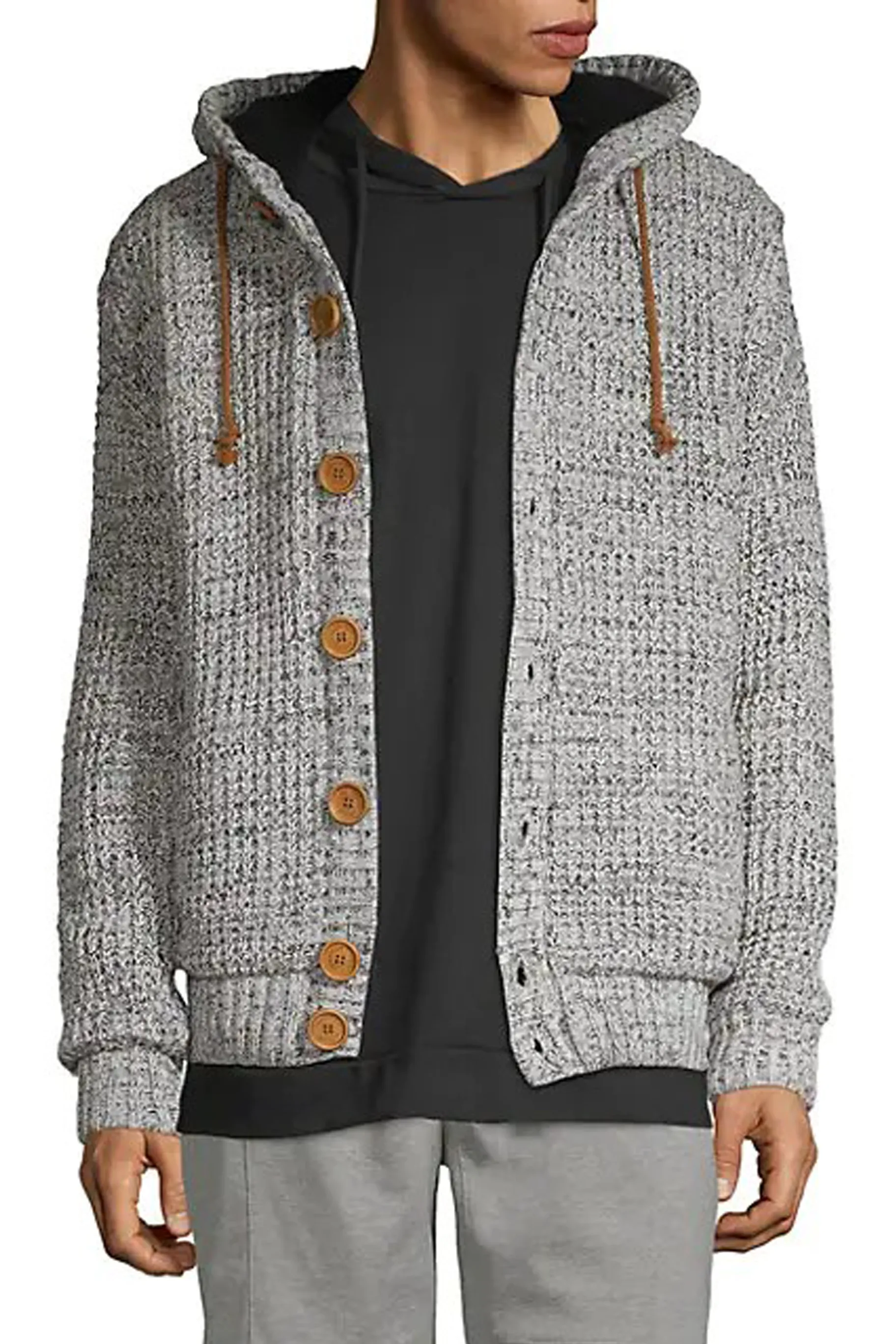 Grey Waffle-knit Button-front Hooded Cardigan sold by American Stitch