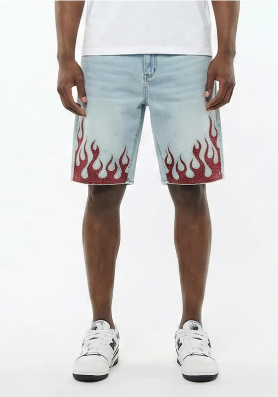 Flame Rhinestone Denim Shorts Blue ( Pre-Order) sold by American Stitch