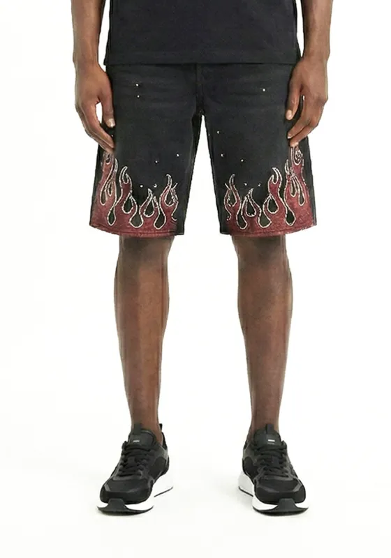 Flame Rhinestone Denim Shorts Black ( Pre- order) sold by American Stitch
