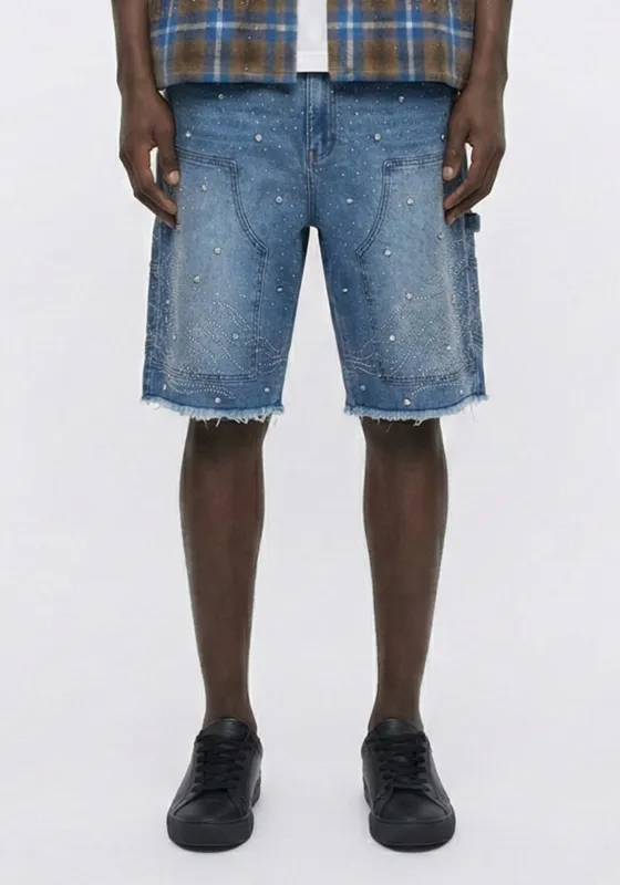 Starry Flame Rhinestone Denim Shorts Blue (Pre-order) sold by American Stitch