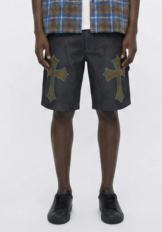 Yellow Cross Rhinestone Denim Shorts (Pre-order) sold by American Stitch