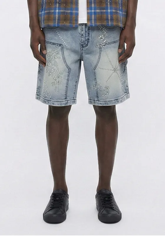 Mixed Motif Rhinestone Denim Shorts Blue (Pre-order) made by American Stitch