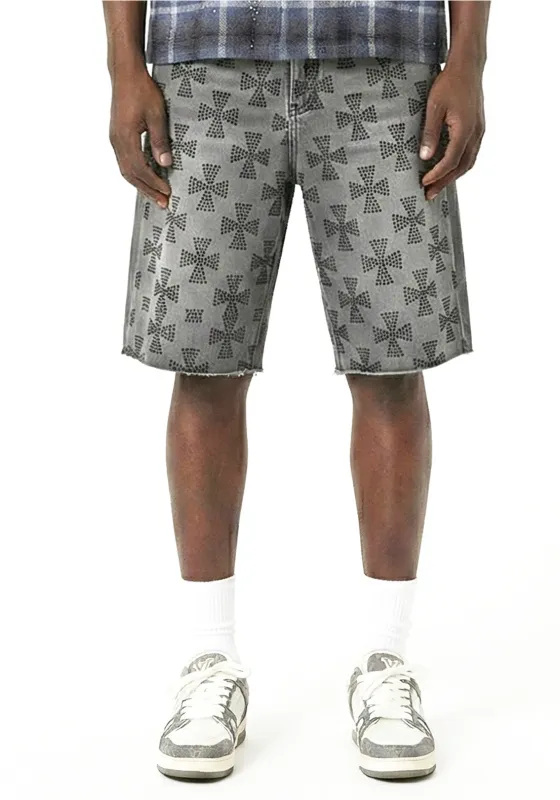 Allover Cross Rhinestone Denim Shorts Grey (Pre-order) made by American Stitch