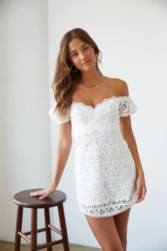 Karlie Lace Off-The-Shoulder Puff Sleeve Mini Dress in White sold by American Threads