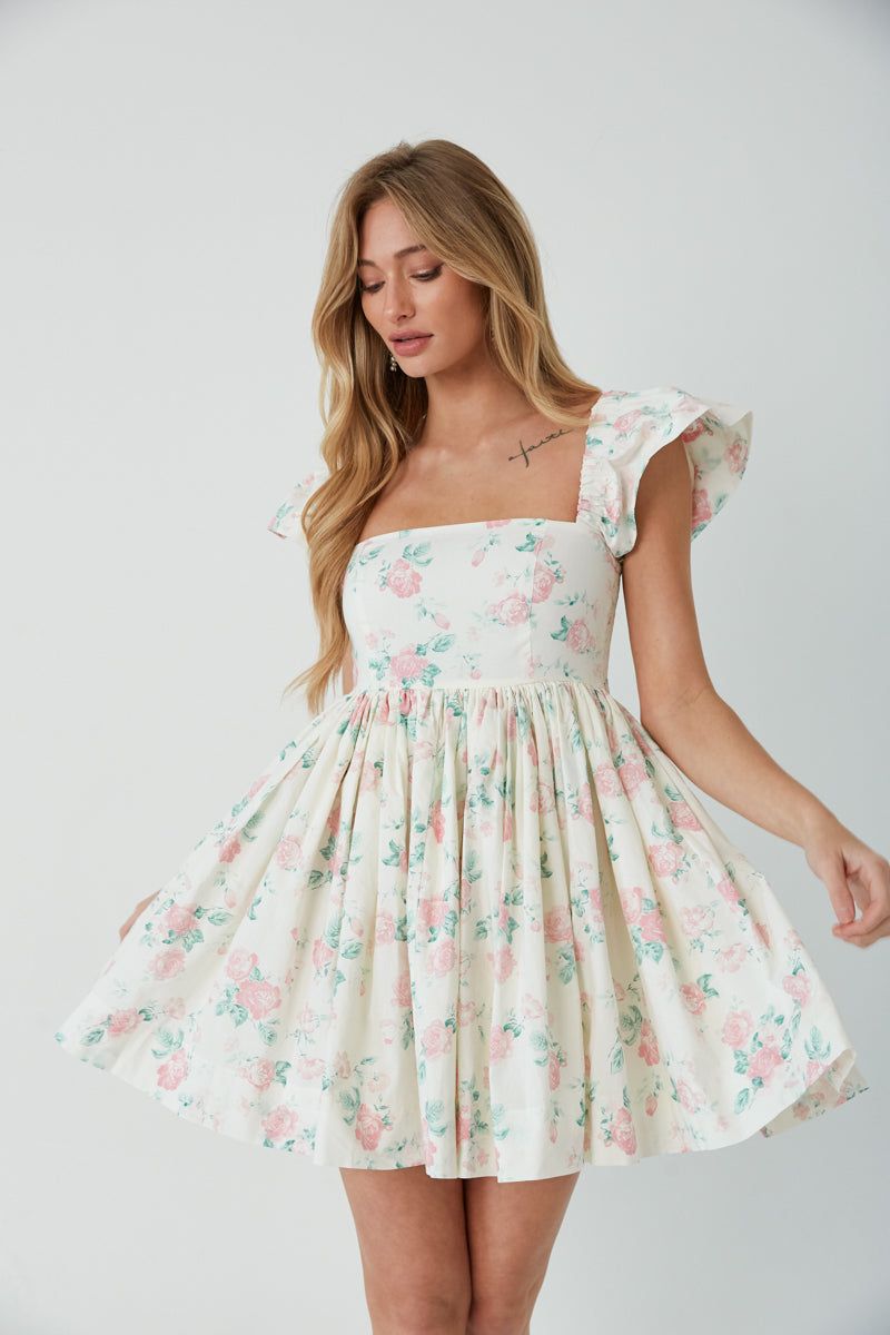 American Threads Sofie Floral Flutter Sleeve Babydoll Mini