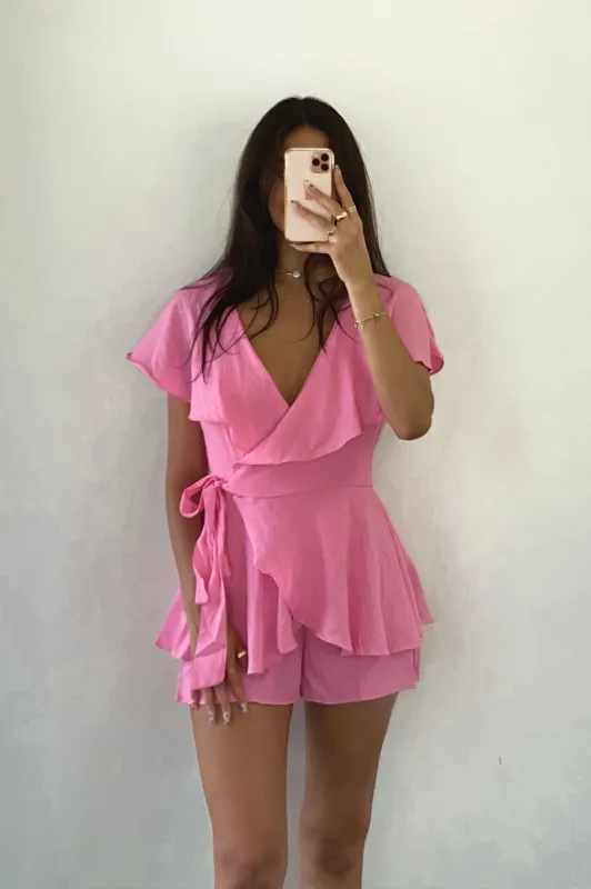 Sky Fall Linen Wrap Romper sold by American Threads