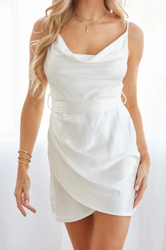 Harmony Satin Ruched Mini Dress in White sold by American Threads