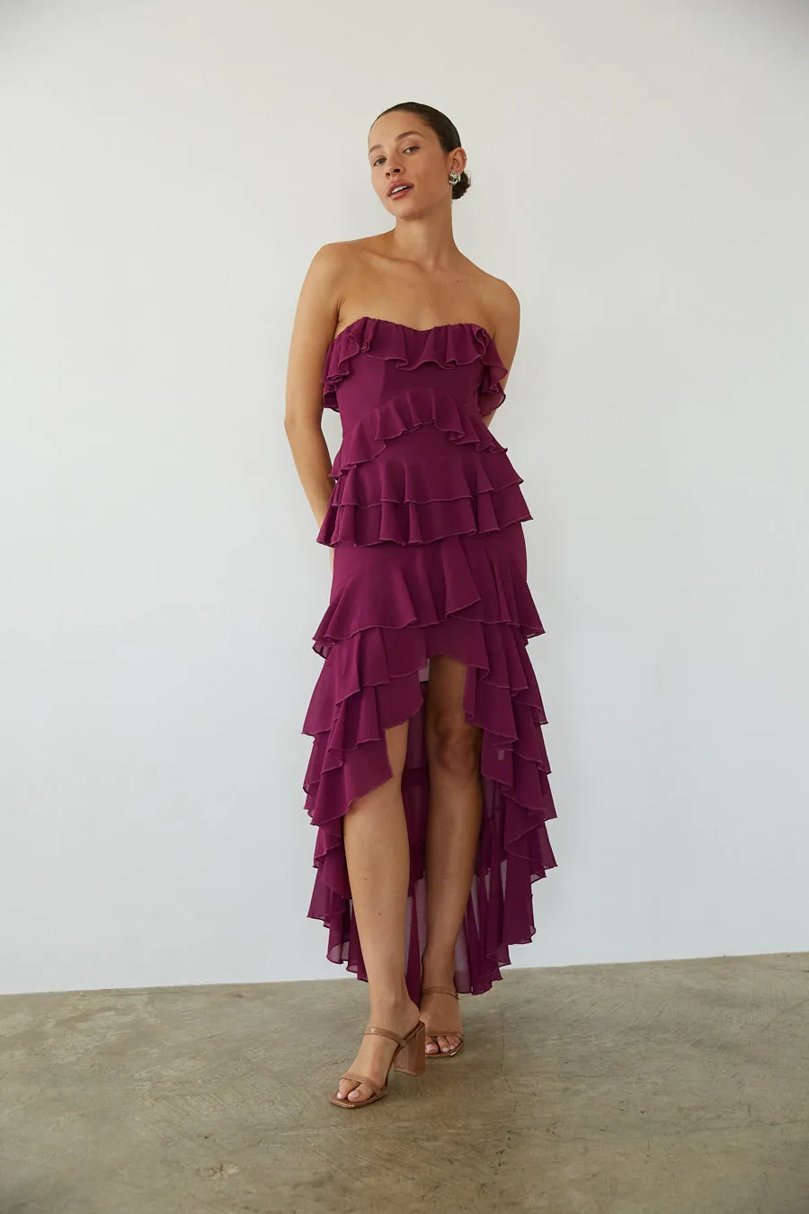 Clementine High Low Ruffle Maxi Dress sold by American Threads