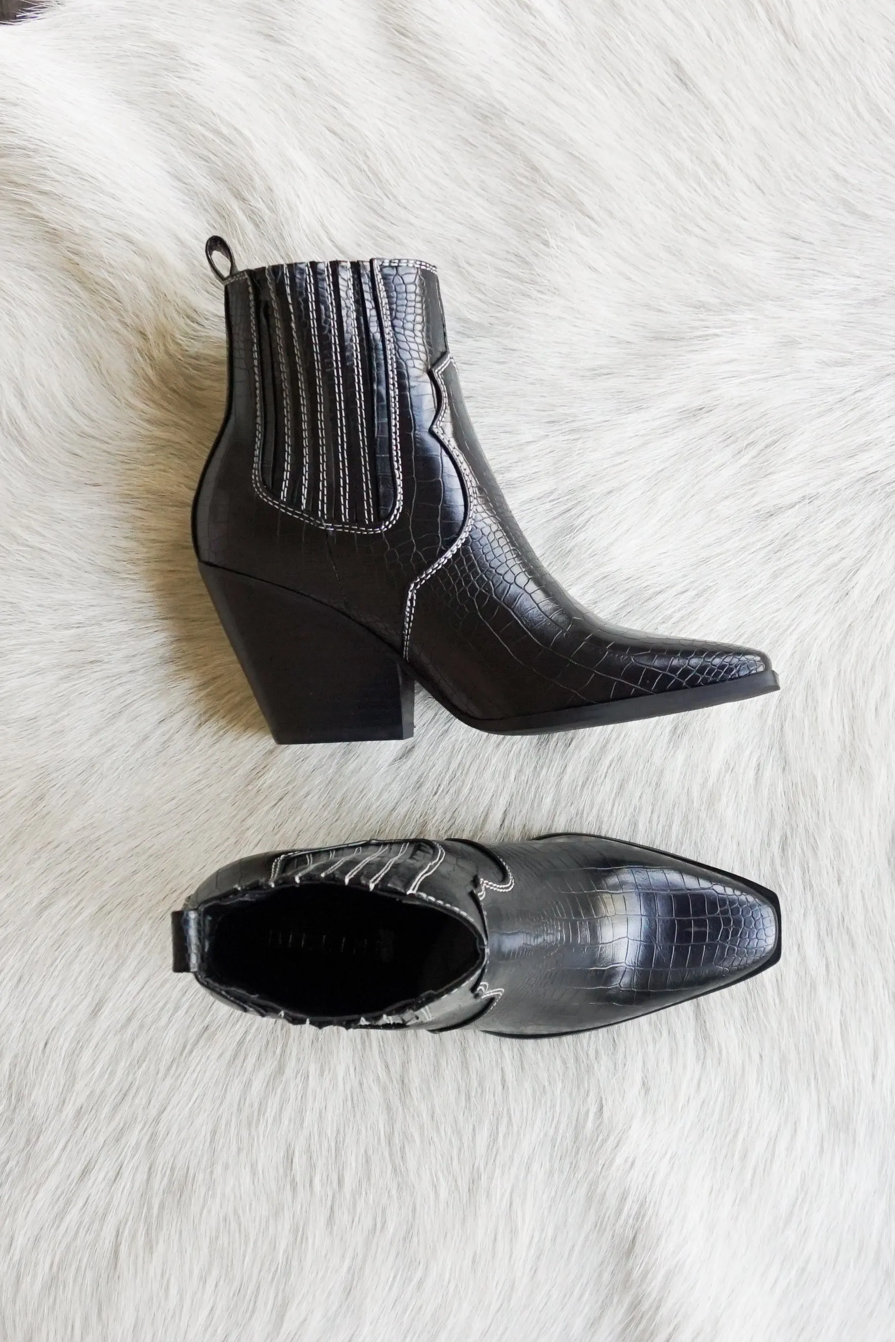 Camille Western Mid Ankle Boot in Black sold by American Threads